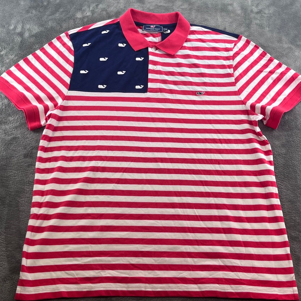 Vineyard Vines Mens XL Polo Shirt Red White Blue American Flag Whale Stripes